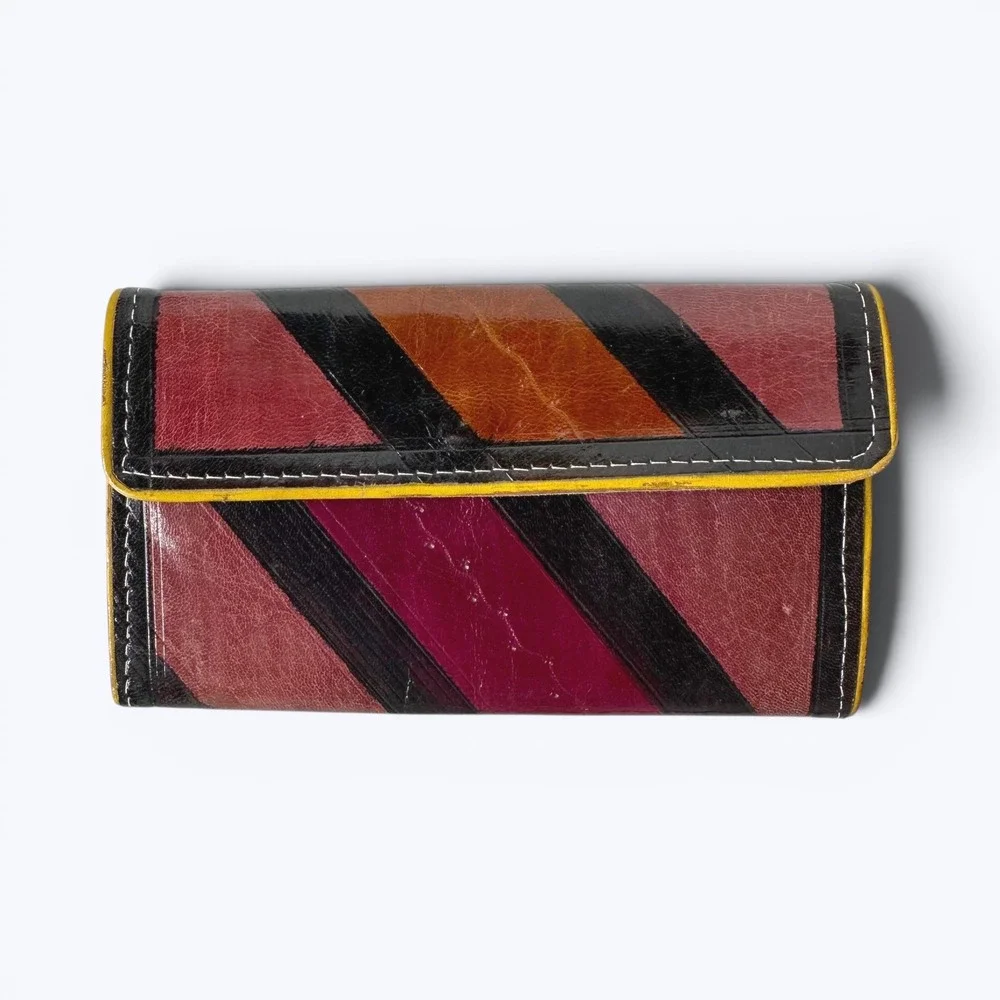Vintage Leather Wallet Diagonal Stripe Clutch Burgundy Brown Boho Indie